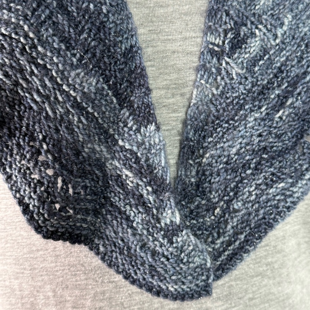 Hand Knit Ombré Slate Blue Eyelet Scallop Triangle Shoulder Shawl Wrap One Size - Picture 10 of 14